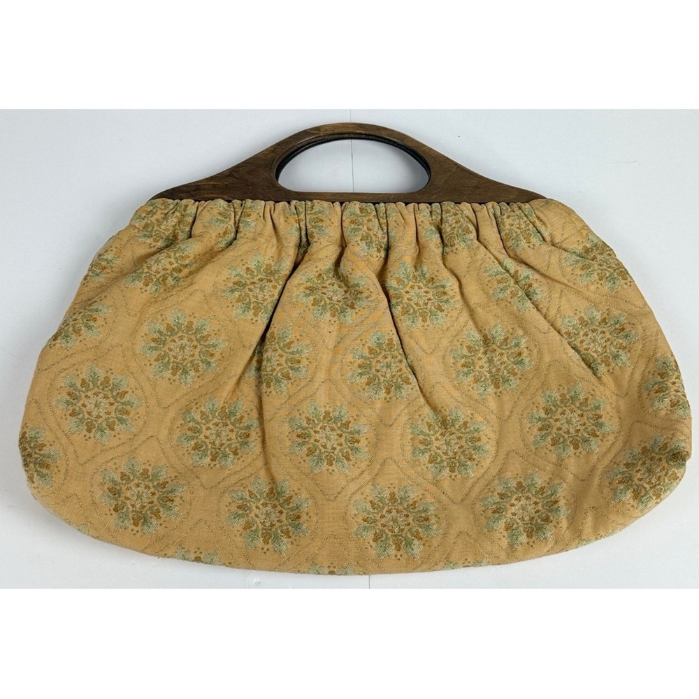 Vintage Wood Handle Fabric Tapestry Purse Handbag Retro Cottagecore Prairie